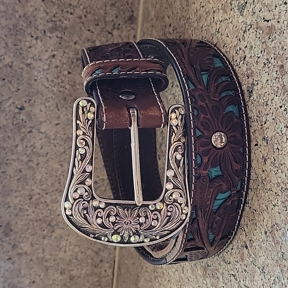 Ariat Women's Brown Tooled with Turquoise Inlay and Silver Bucklet leather belt